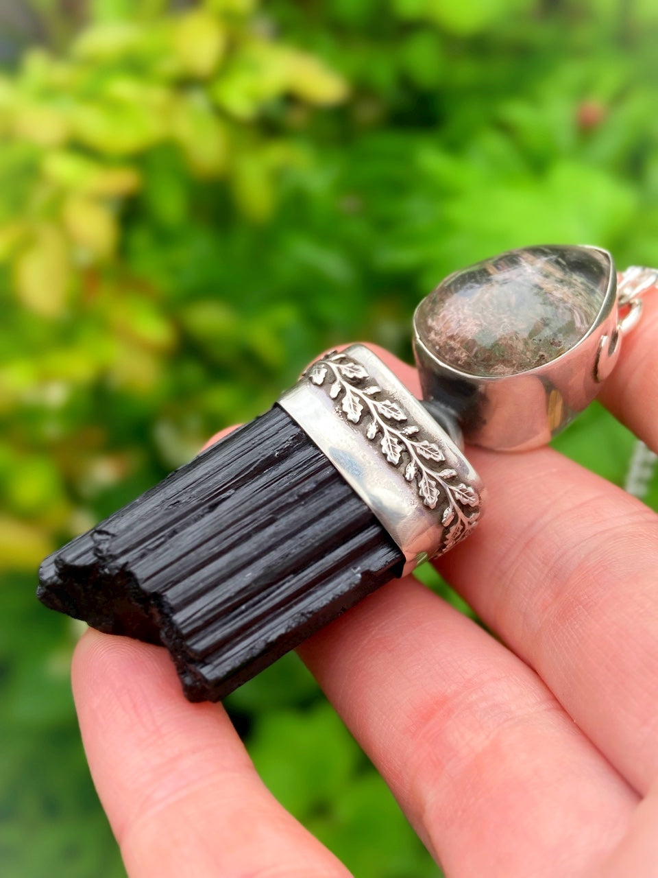 ꩜LIMINAL LANDS꩜ Handmade Sterling Silver Necklace with Black Tourmaline & Garden Quartz