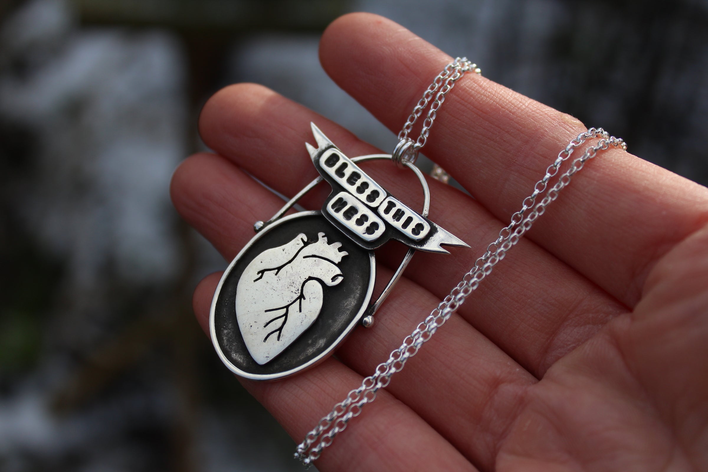 BLESS THIS MESS Handmade Sterling Silver Anatomical Heart Necklace