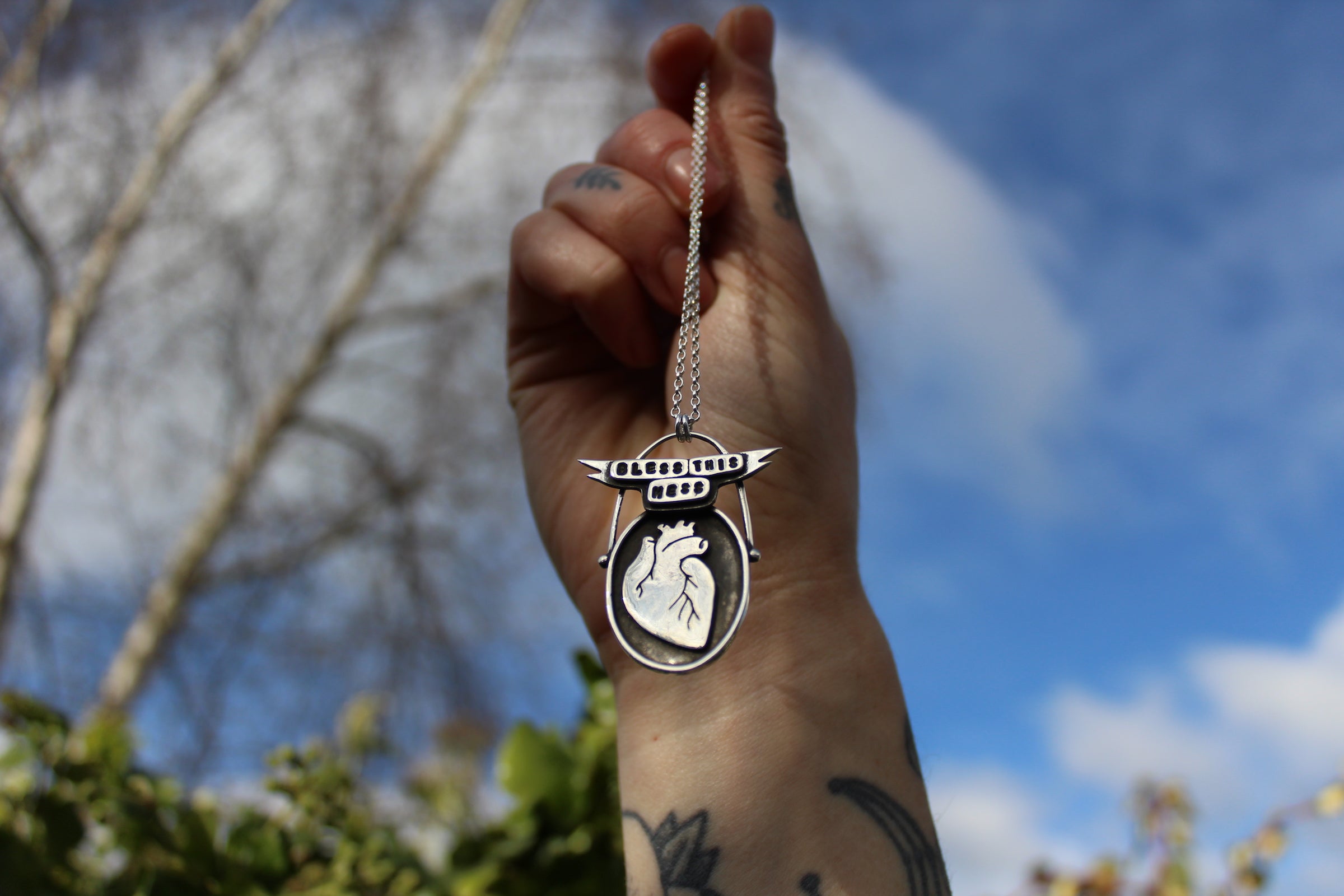 BLESS THIS MESS Handmade Sterling Silver Anatomical Heart Necklace
