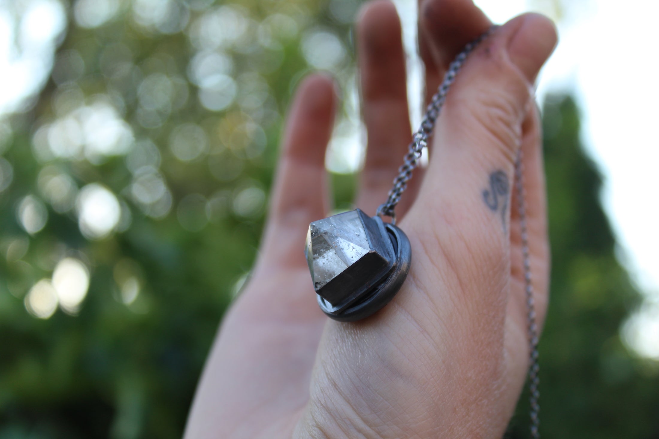 COSMIC POLARITY - Handmade Sterling Silver Necklace with Clear Quartz & Snowflake Obsidian