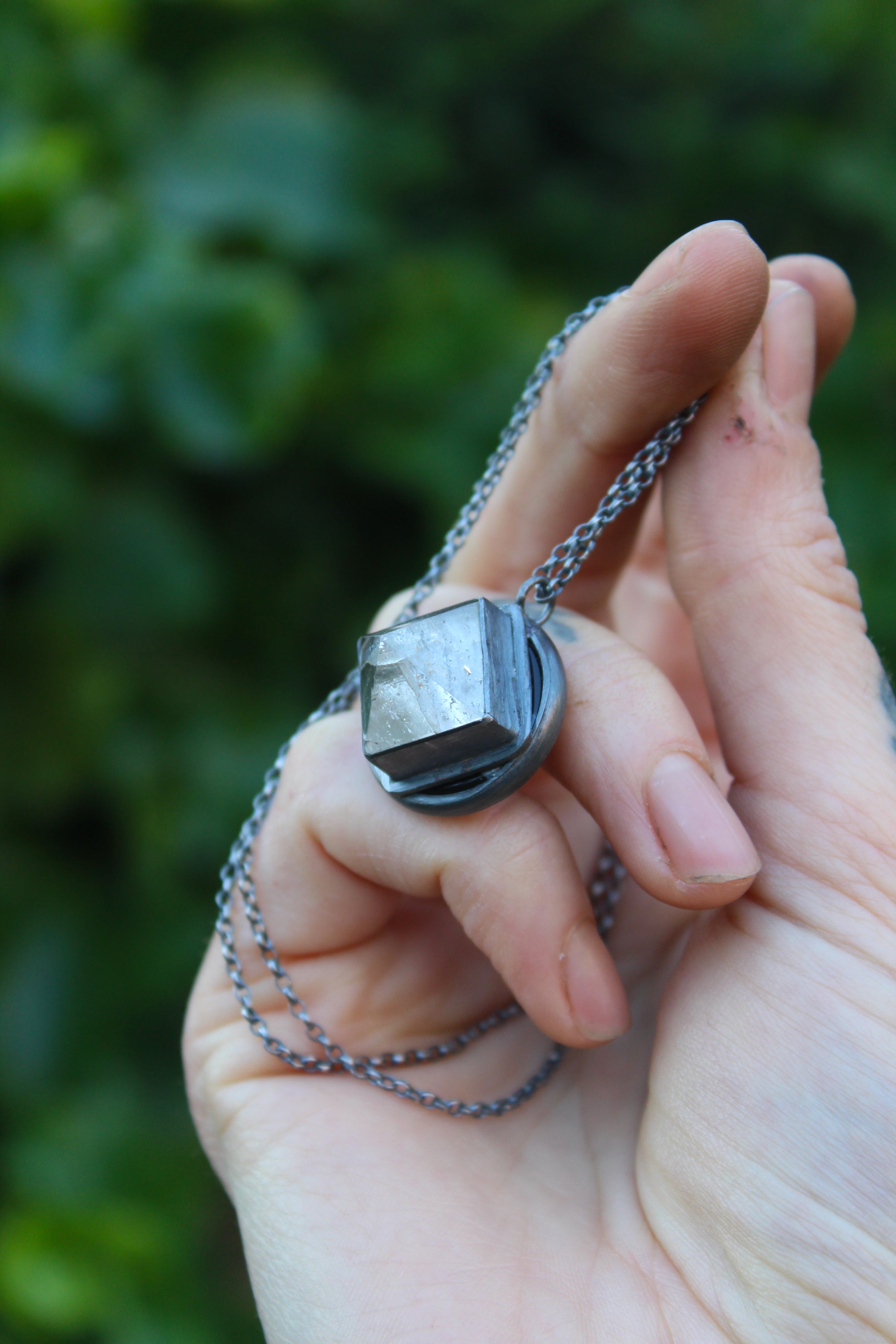 COSMIC POLARITY - Handmade Sterling Silver Necklace with Clear Quartz & Snowflake Obsidian