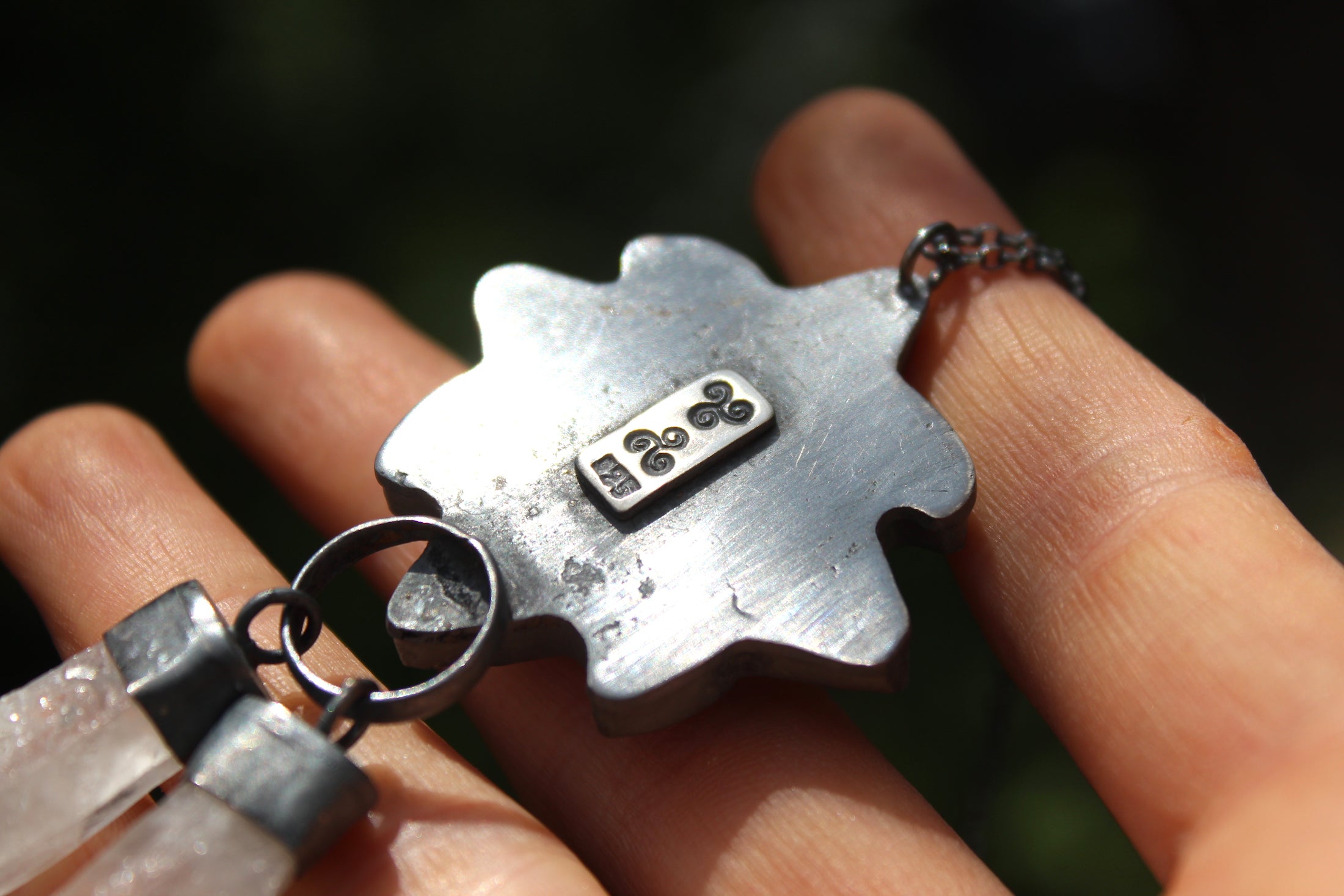 SUNBURST - Handmade Sterling Silver Necklace with Carved Carnelian & Clear Quartz Crystals