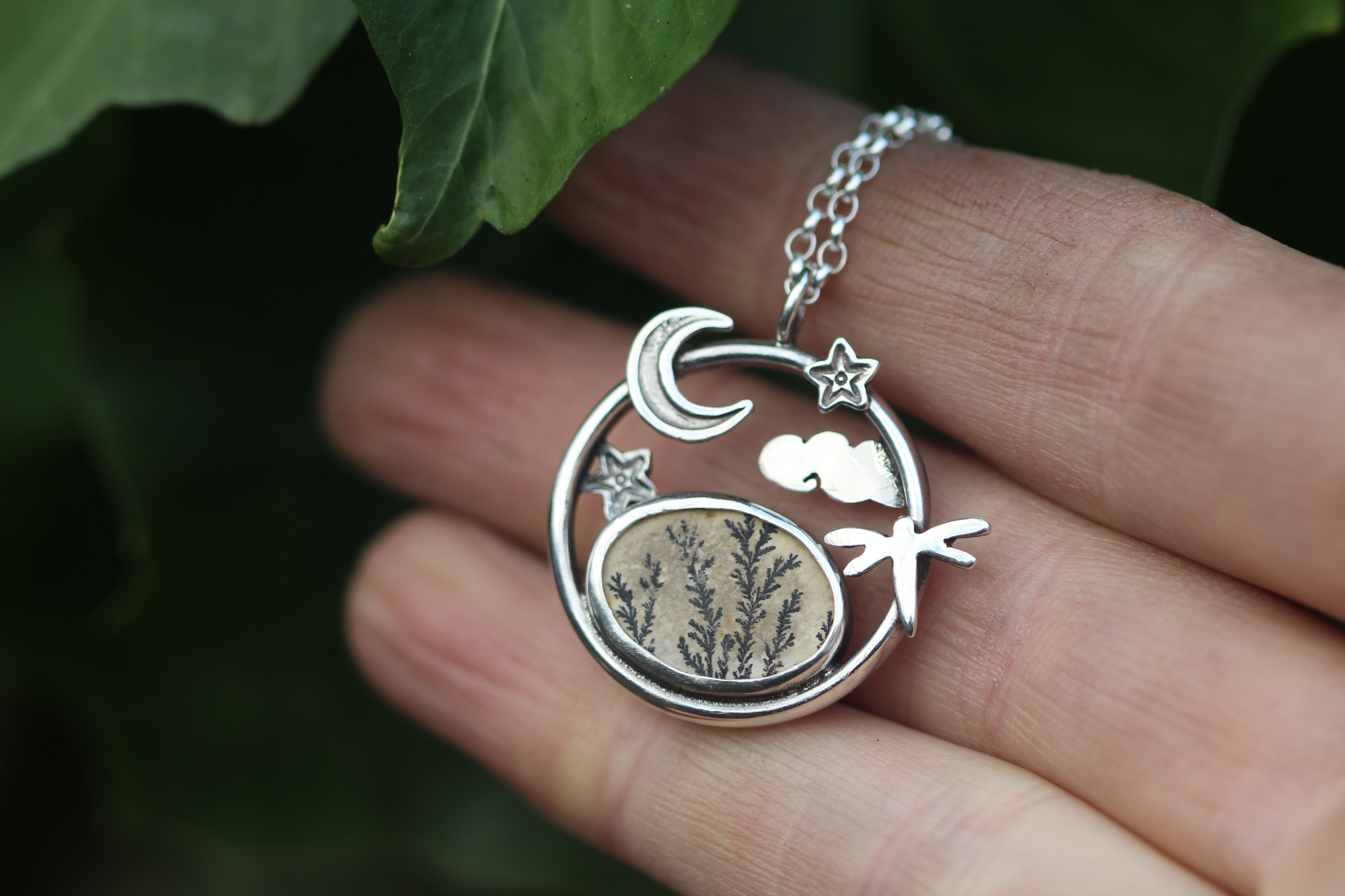 MEADOW MOONRISE Sterling Silver Necklace with Dendritic Limestone & Amethyst