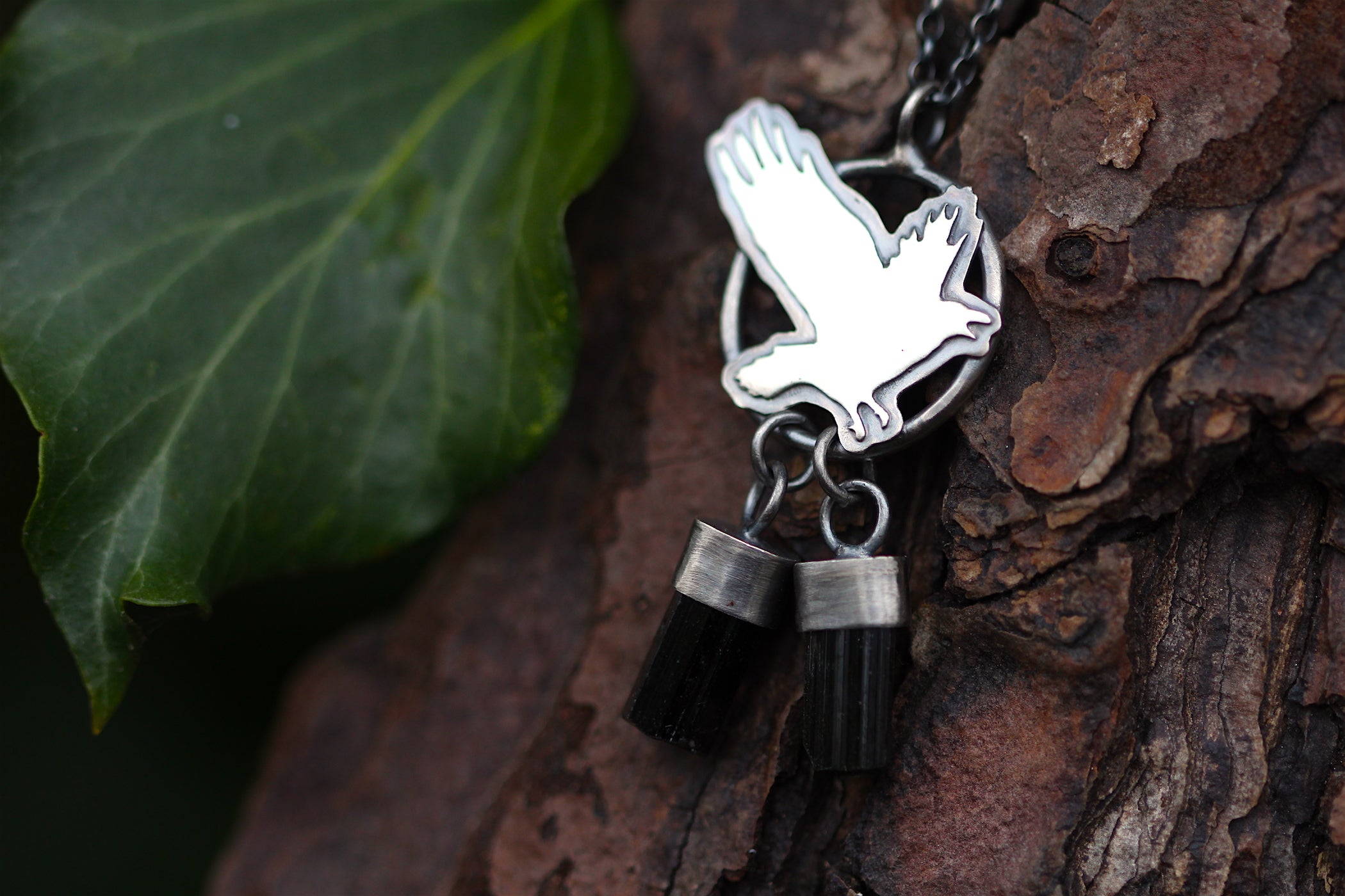 TREASURE SEEKER Sterling Silver Crow Necklace with Black Tourmaline