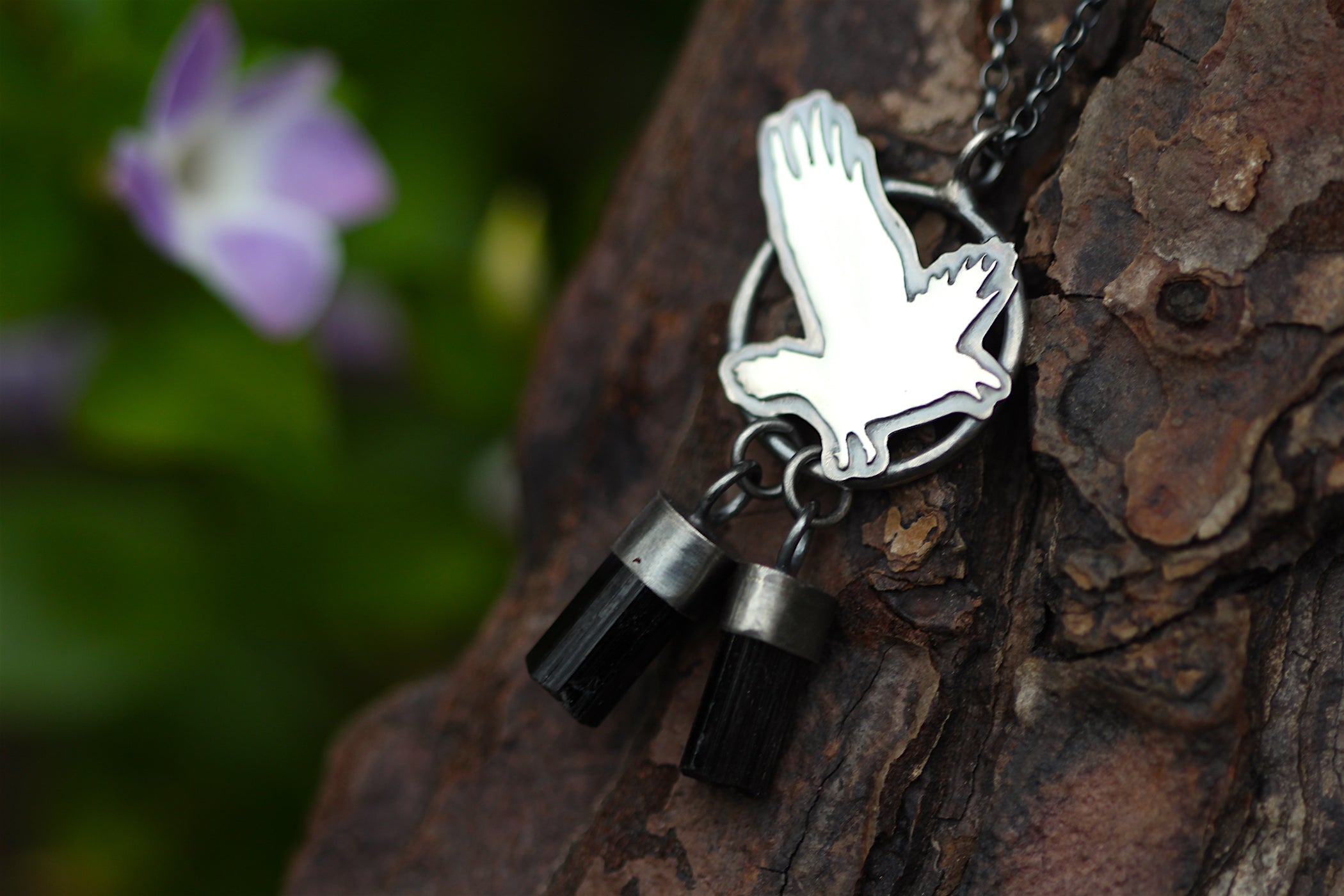 TREASURE SEEKER Sterling Silver Crow Necklace with Black Tourmaline