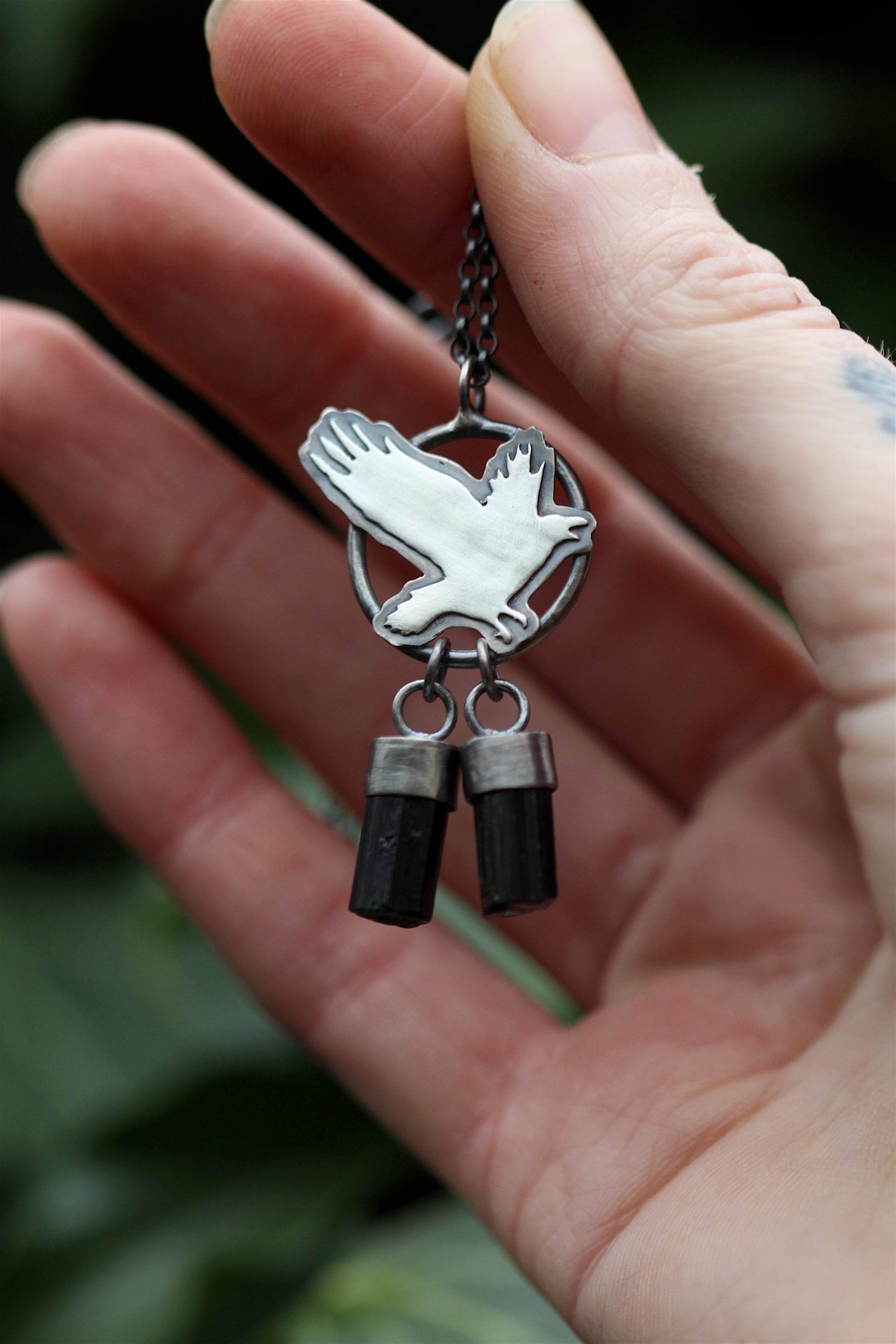 TREASURE SEEKER Sterling Silver Crow Necklace with Black Tourmaline