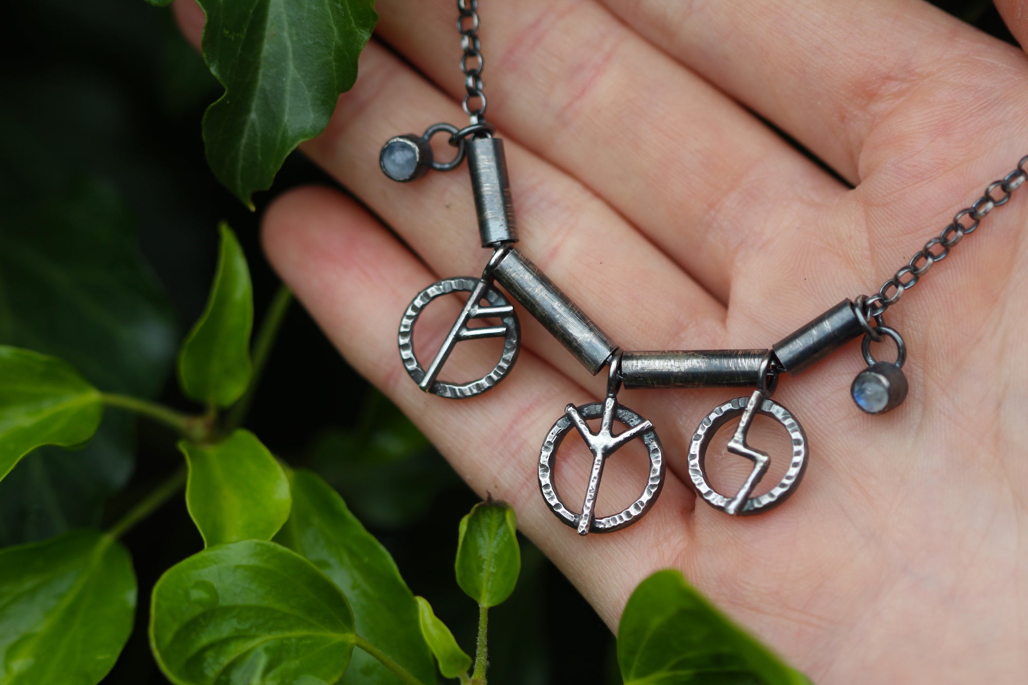UNEARTHED Sterling Silver Rune Necklace with Rainbow Moonstone