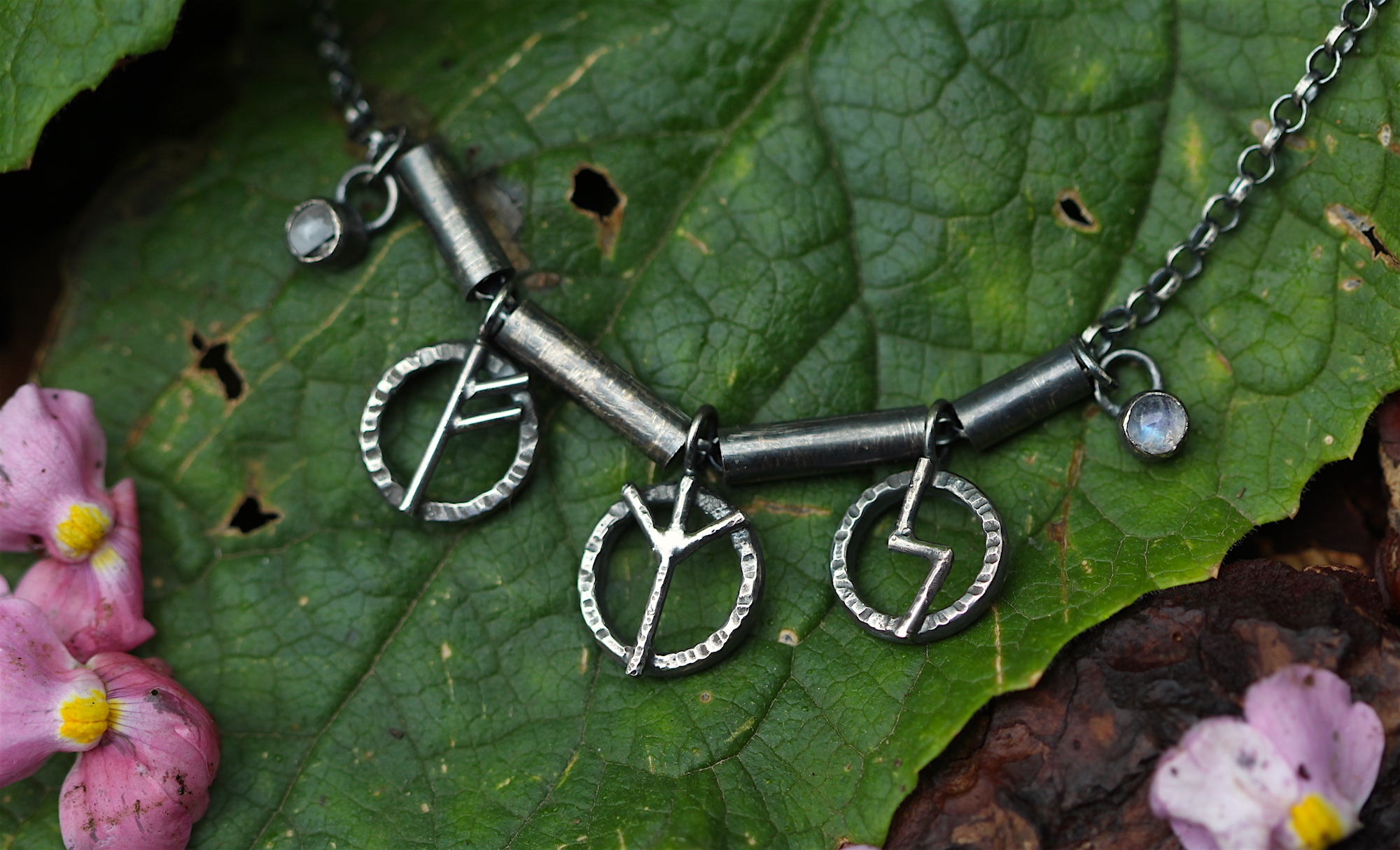 UNEARTHED Sterling Silver Rune Necklace with Rainbow Moonstone