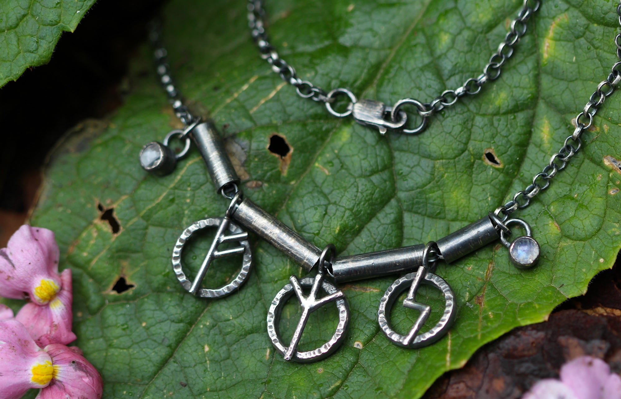 UNEARTHED Sterling Silver Rune Necklace with Rainbow Moonstone