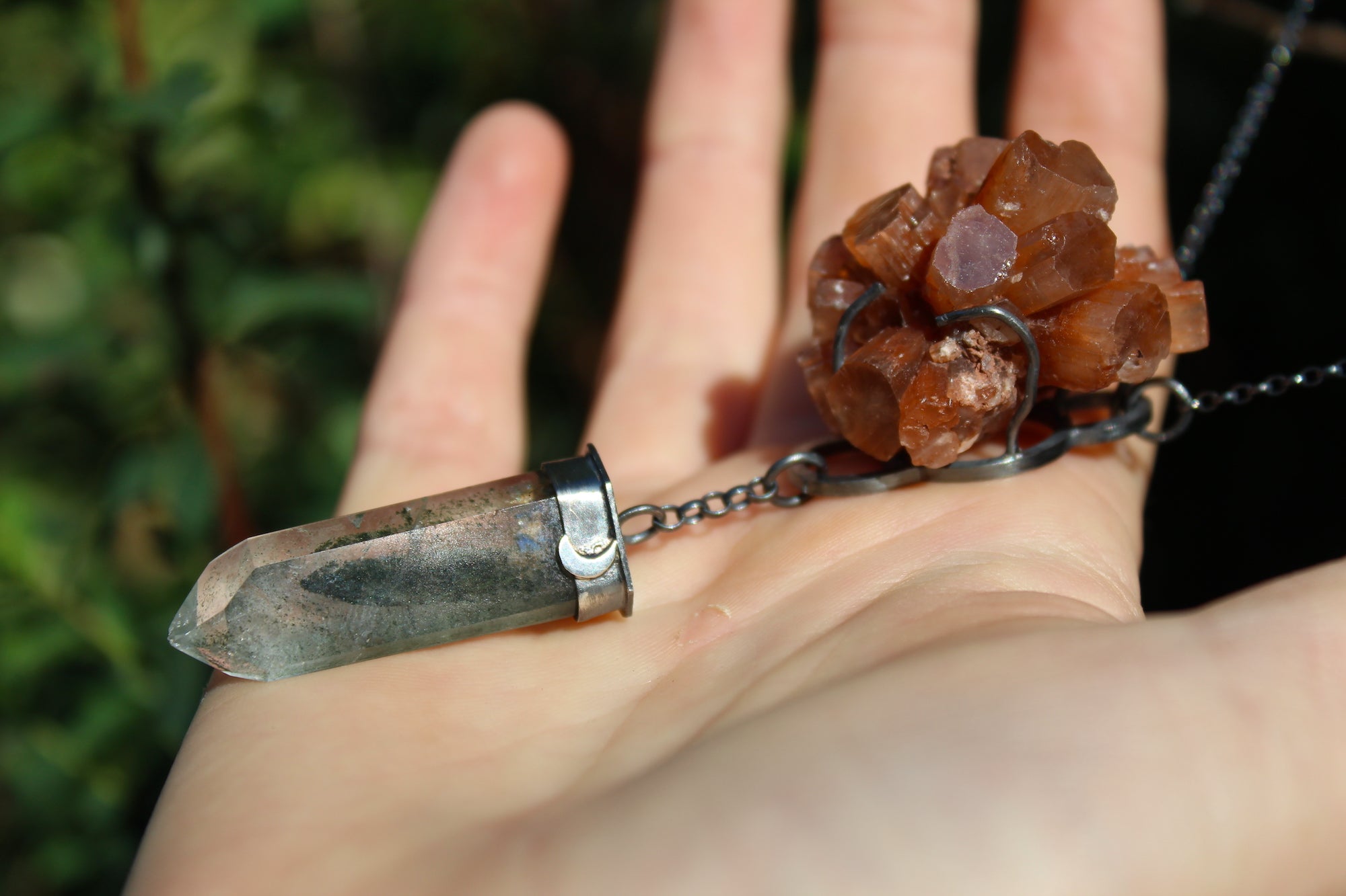 INTO THE EARTH Raw Aragonite & Chlorite Phantom Quartz Crystal Sterling Silver Necklace
