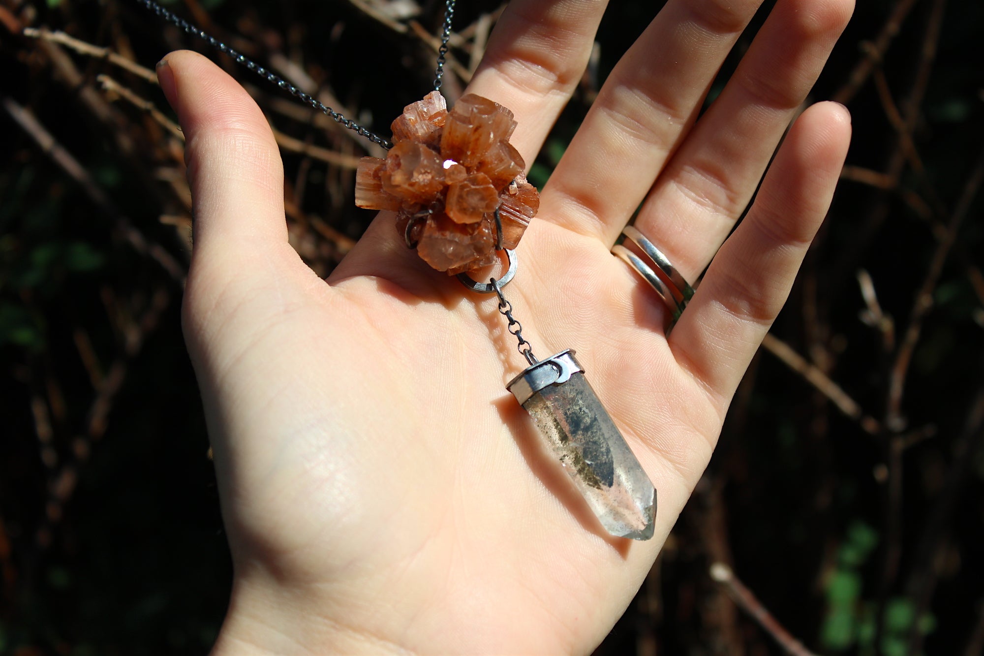 INTO THE EARTH Raw Aragonite & Chlorite Phantom Quartz Crystal Sterling Silver Necklace