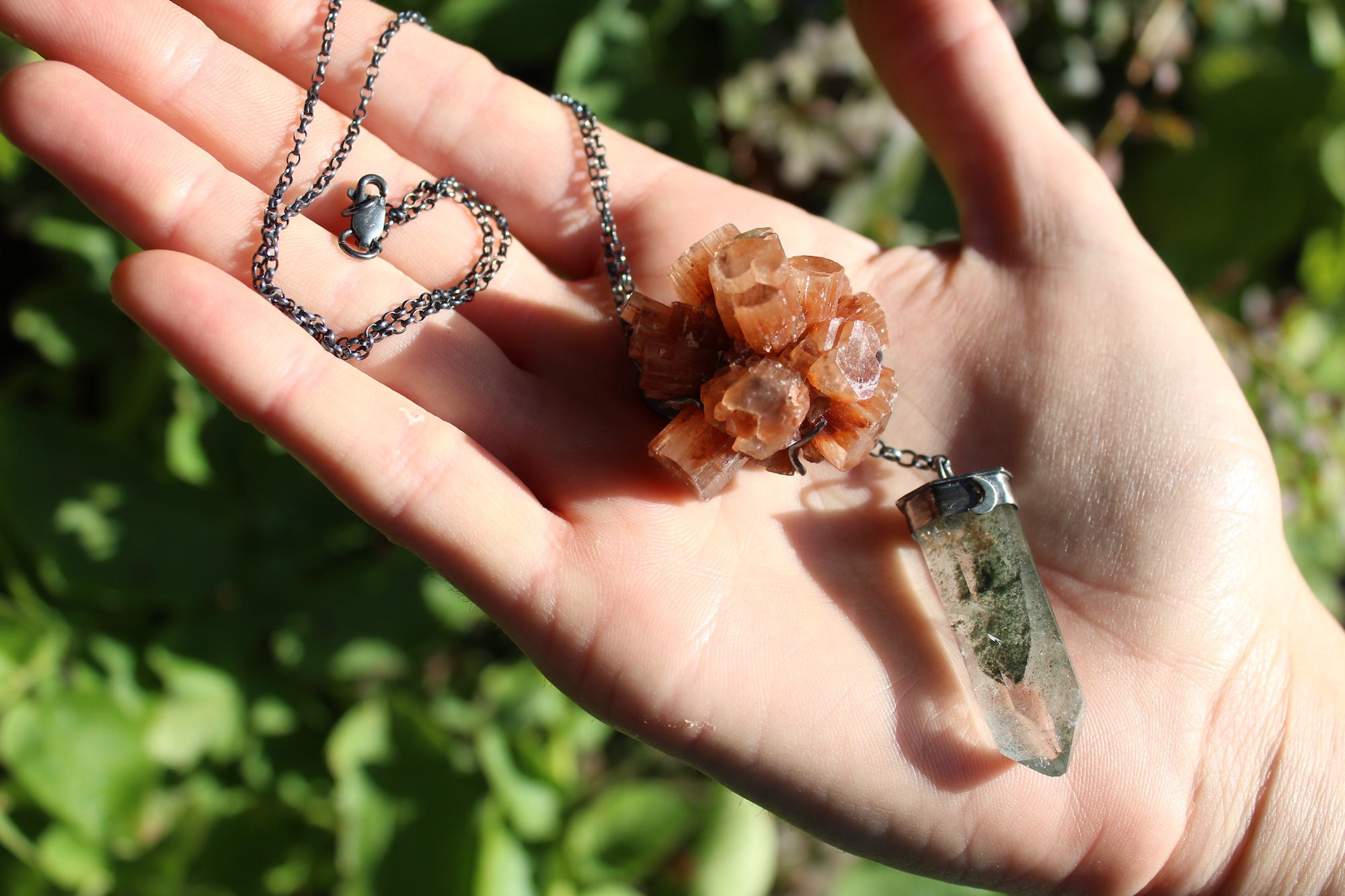 INTO THE EARTH Raw Aragonite & Chlorite Phantom Quartz Crystal Sterling Silver Necklace