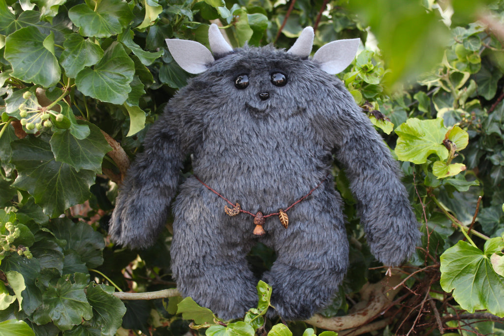 Charcoal Troll - Handmade Plush Comfort Creature with Handcarved Wooden Charms