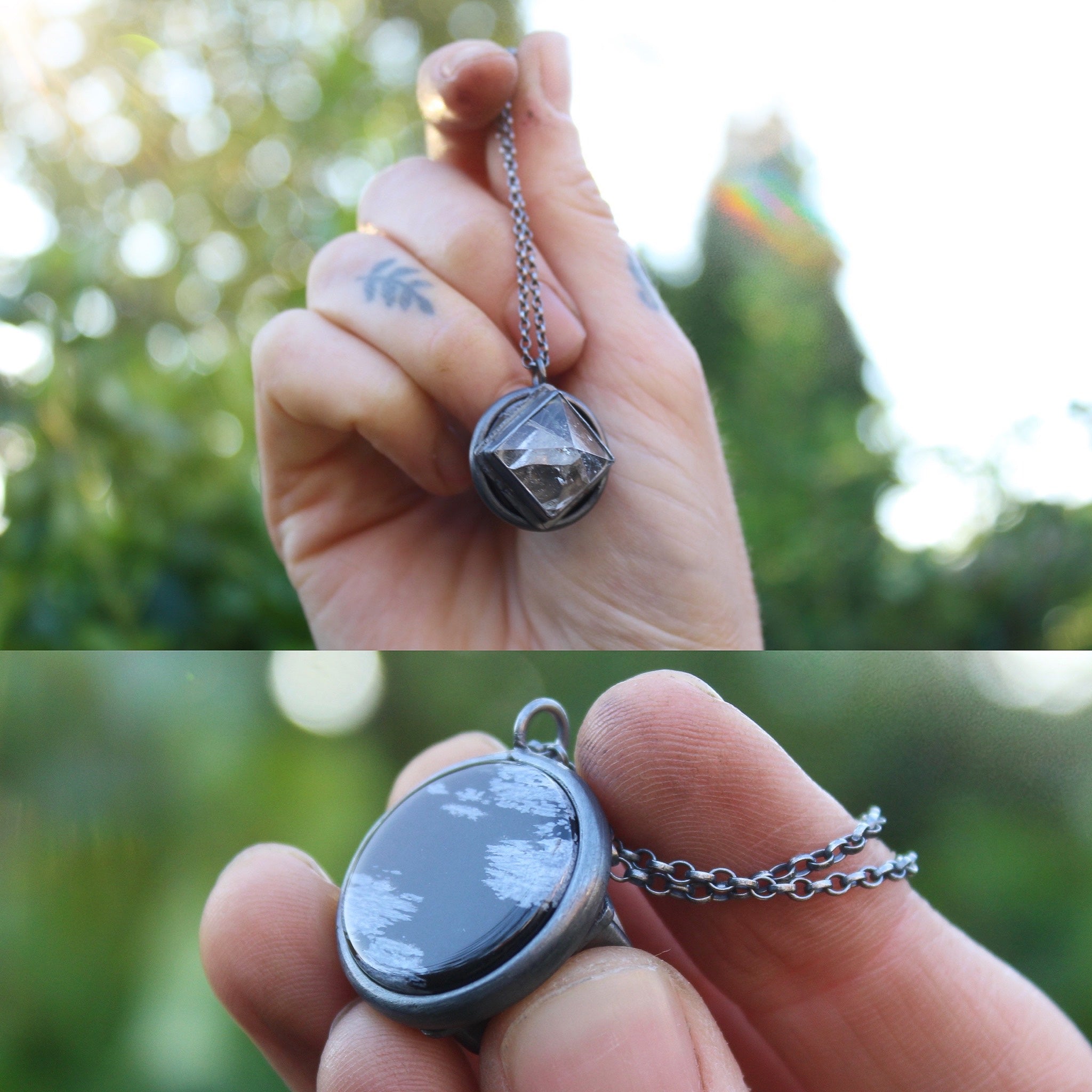 COSMIC POLARITY - Handmade Sterling Silver Necklace with Clear Quartz & Snowflake Obsidian