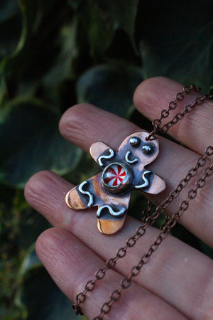 GINGERBREAD FRIEND - Handmade Copper Gingerbread Necklace with Glass Candy Gumdrops