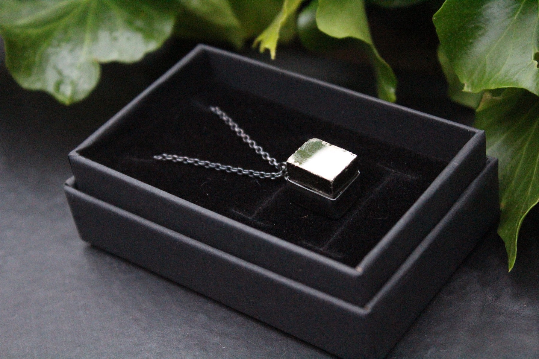 DARK TREASURE Handmade Sterling Silver Necklace with Golden Pyrite Cube
