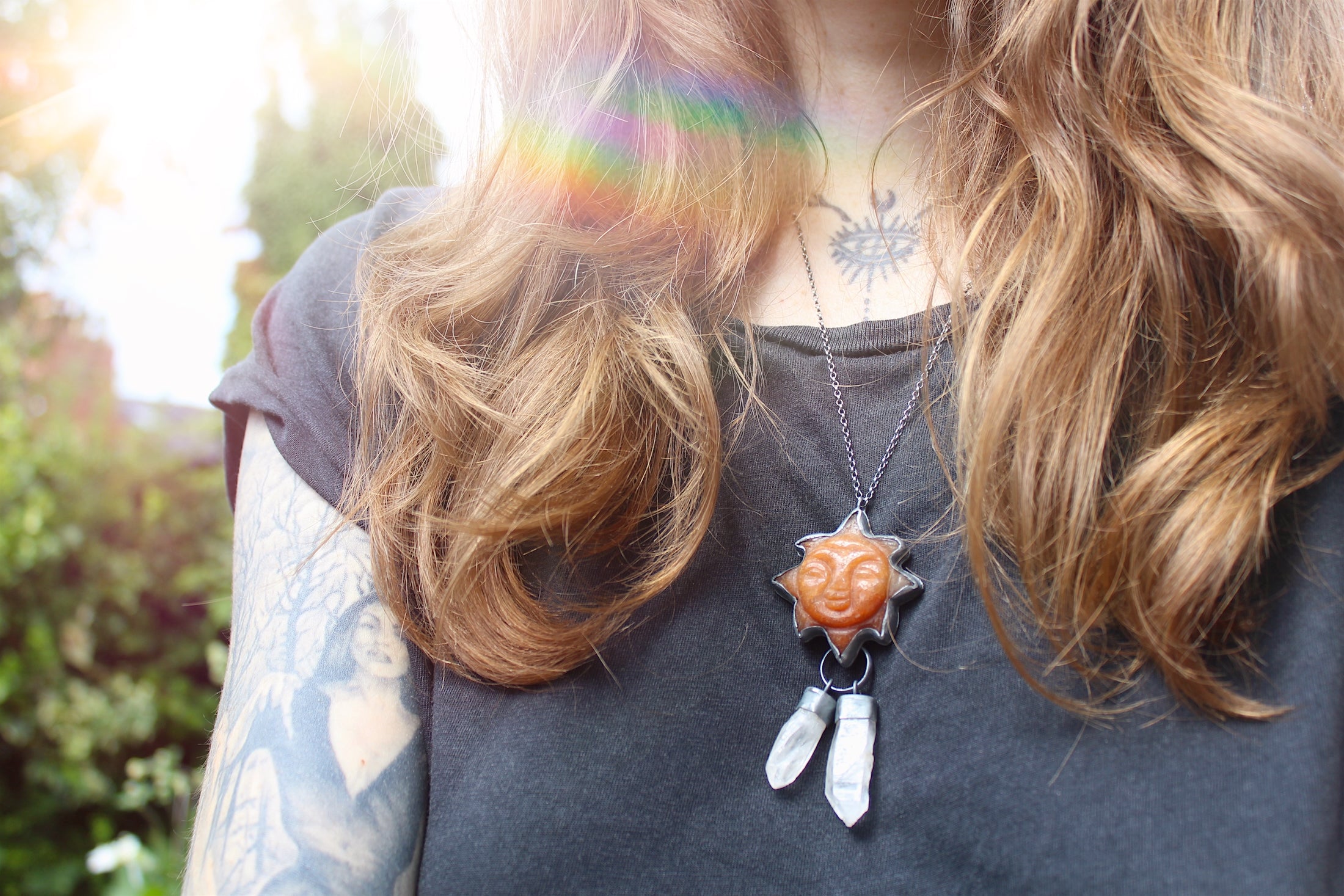 SUNBURST - Handmade Sterling Silver Necklace with Carved Carnelian & Clear Quartz Crystals