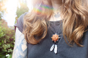 SUNBURST - Handmade Sterling Silver Necklace with Carved Carnelian & Clear Quartz Crystals
