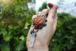 SUNBURST - Handmade Sterling Silver Necklace with Carved Carnelian & Clear Quartz Crystals