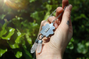 SUNBURST - Handmade Sterling Silver Necklace with Carved Carnelian & Clear Quartz Crystals