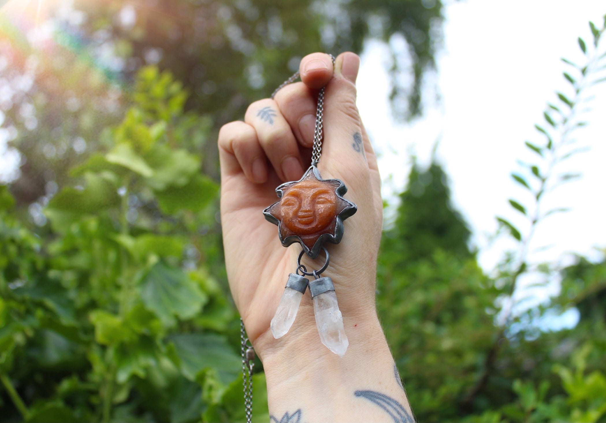 SUNBURST - Handmade Sterling Silver Necklace with Carved Carnelian & Clear Quartz Crystals