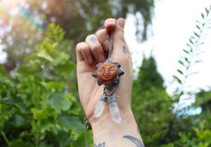 SUNBURST - Handmade Sterling Silver Necklace with Carved Carnelian & Clear Quartz Crystals