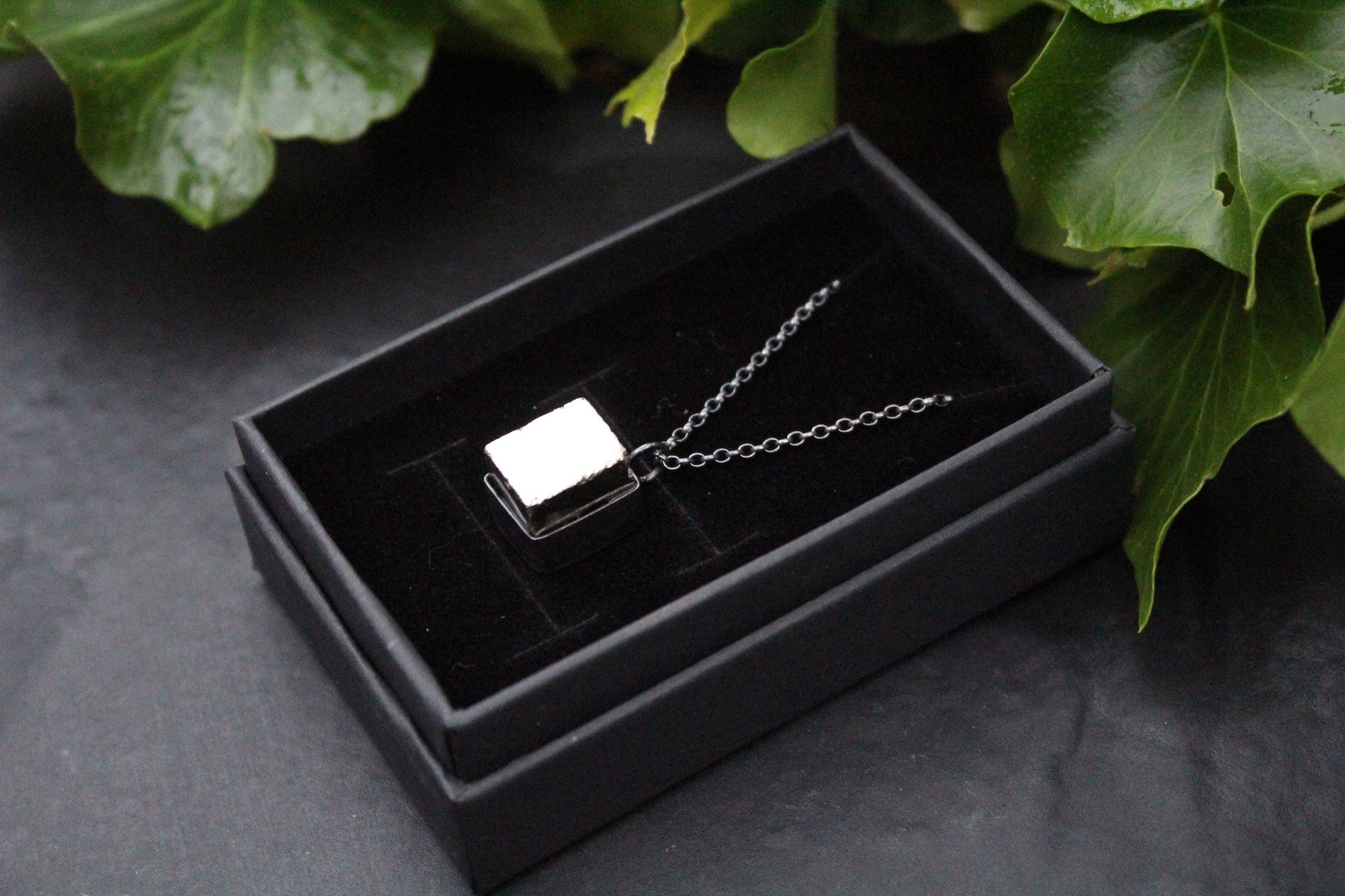 DARK TREASURE Handmade Sterling Silver Necklace with Golden Pyrite Cube