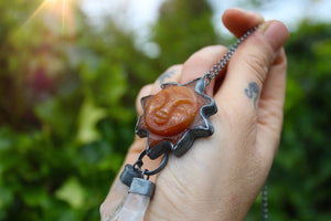 SUNBURST - Handmade Sterling Silver Necklace with Carved Carnelian & Clear Quartz Crystals